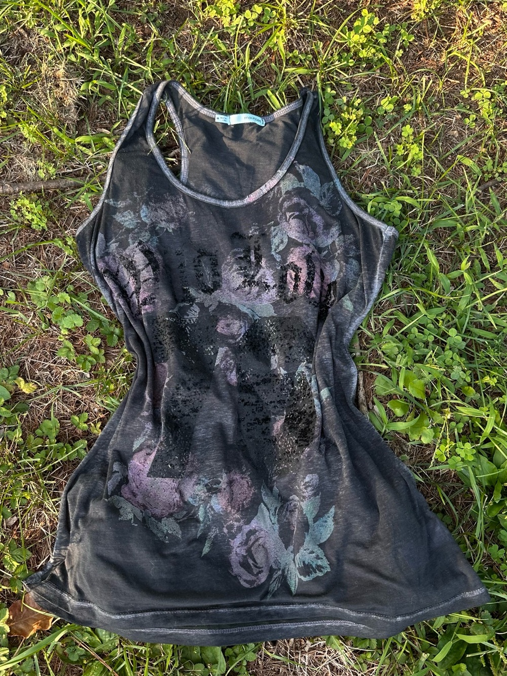 Y2K Whimsigoth Grunge Black Floral Racerback Tank with Pink & Blue Green Accents